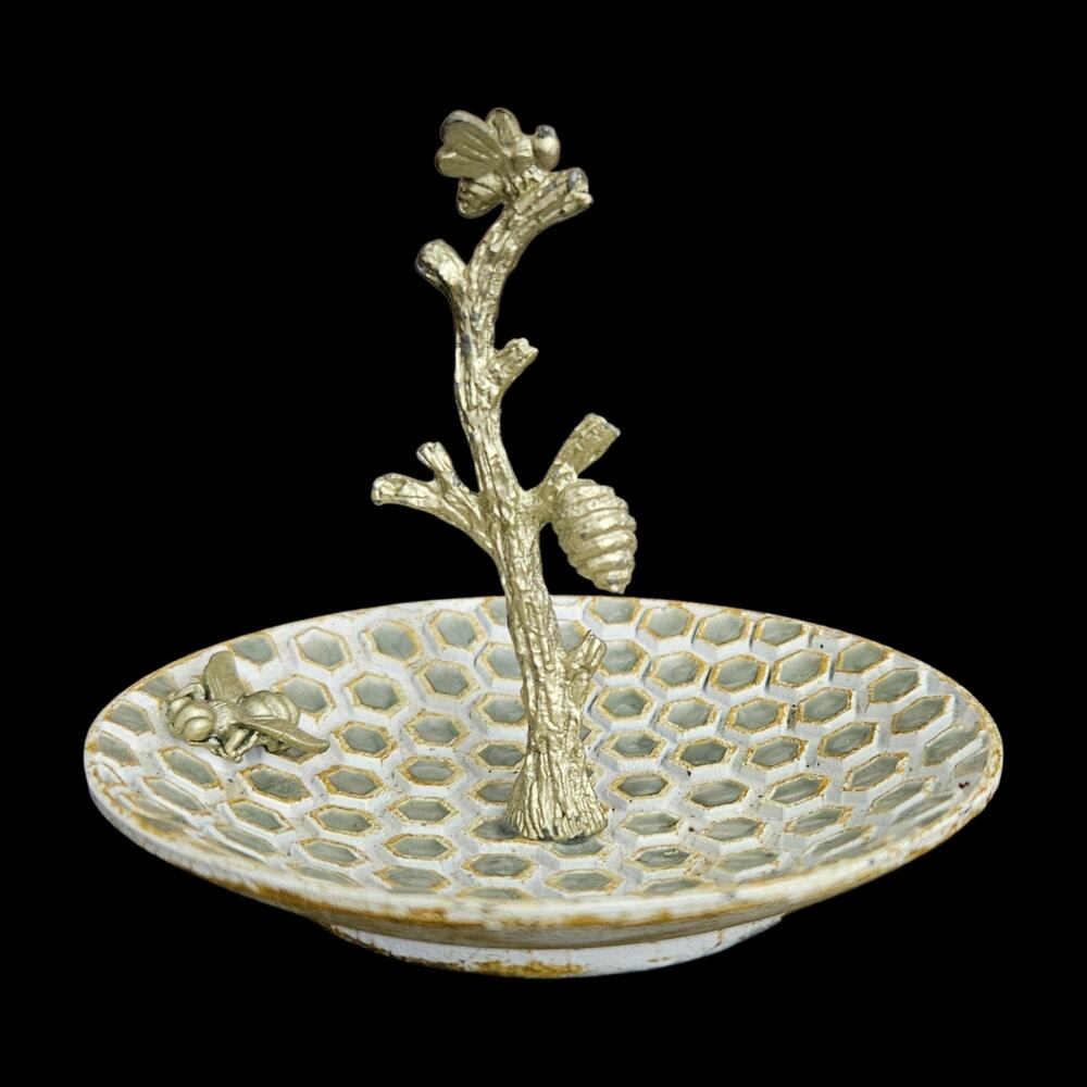 Vintage Bee Honeycomb Ring Dish Jewelry Holder Branch Tree Metal Trinket Tray